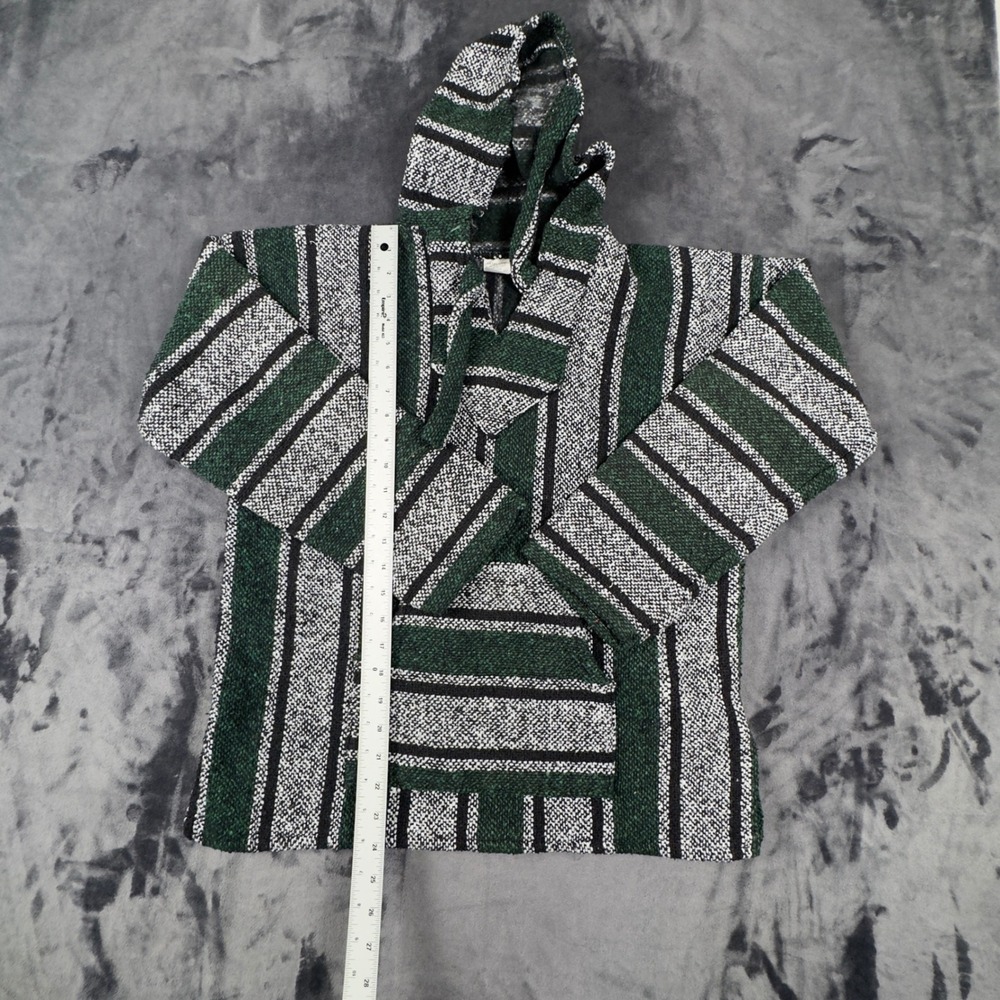 Artesanias Baja Hoodie Unisex Medium Green Striped Mexican Poncho Jerga Pullover - Picture 2 of 6